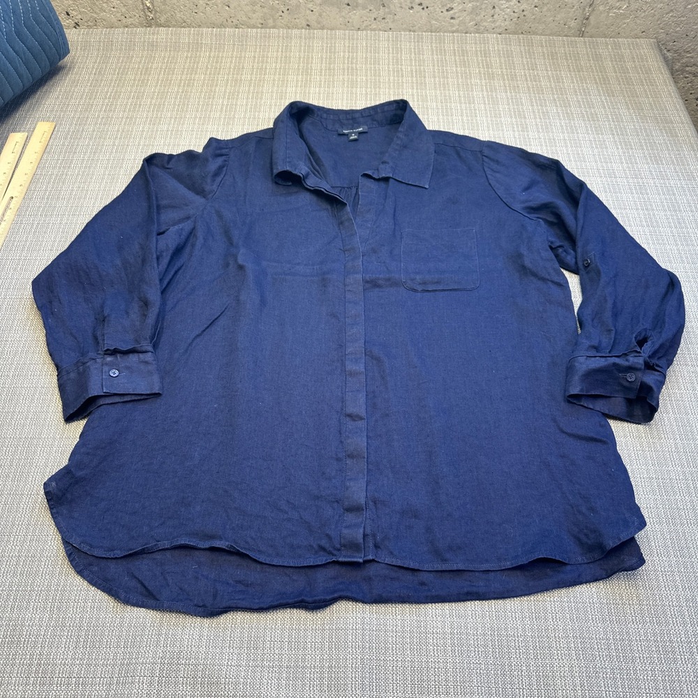 Coastal 100% Linen Top Womens 1X Tommy Hilfiger Navy Blue Roll Tab Sleeves‎ Euro